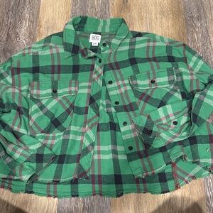 BDG Green and Black Plaid Cropped Button-Up Shirt Jacket